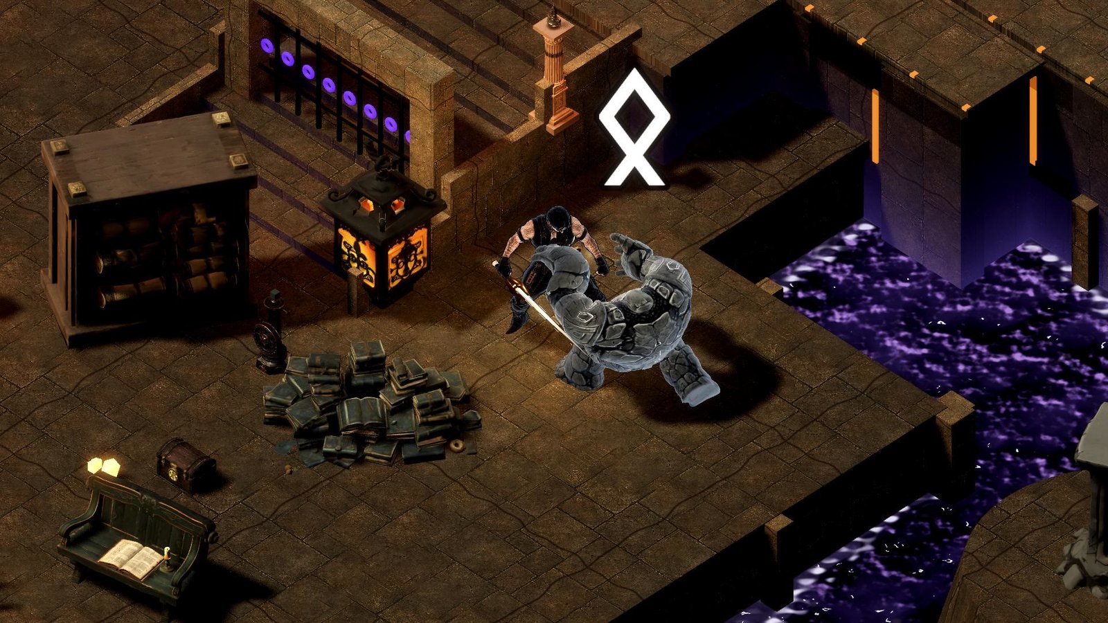 The same enemy's tell, now a legible rune floating over its head in the ink library