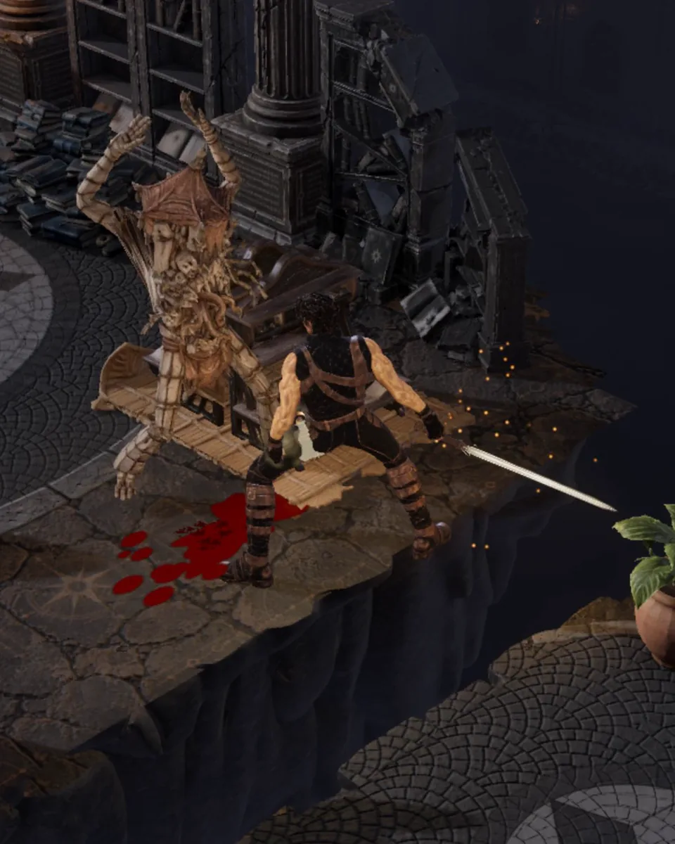 The Mimic, a chest with teeth, rears over the envoy