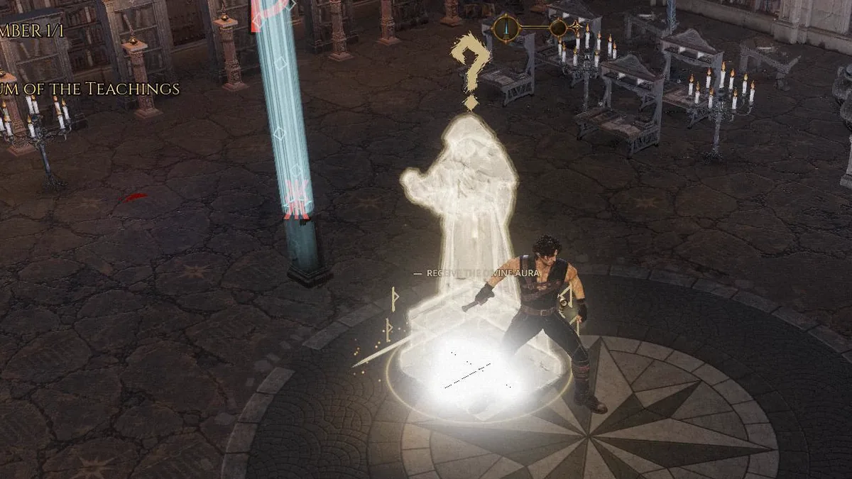 The statue of the Atrium blazes white as the envoy stands beside it