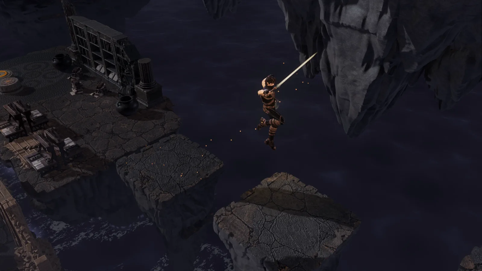 The envoy in mid-leap between stones, over the sea of ink