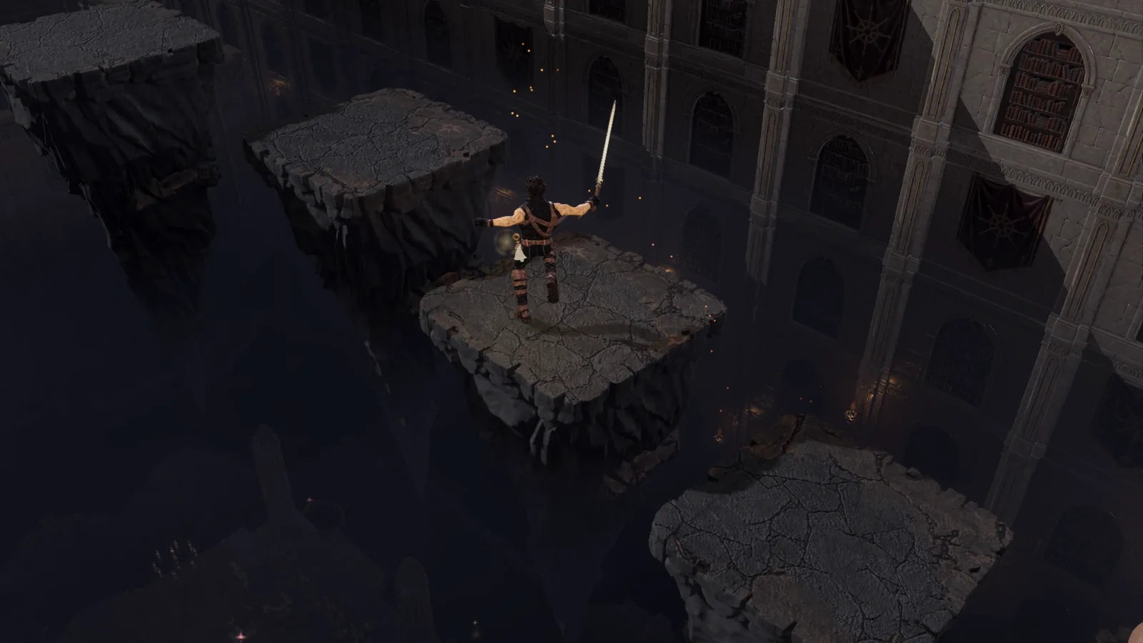 The envoy on a floating island before the Scriptorium's library wall