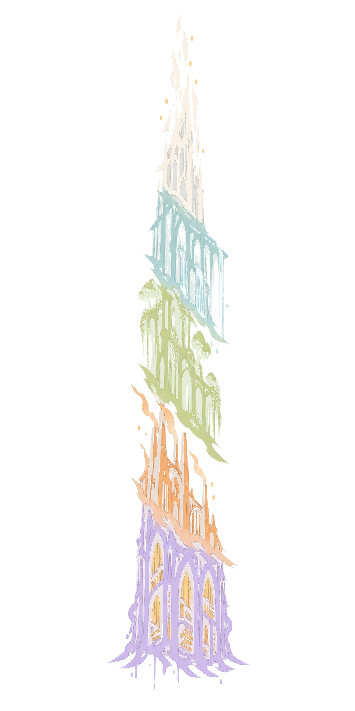 The Tower drawn in ink, four strata in four colours: ink at the base, then ember, then green, then water, and above them the Tower keeps rising